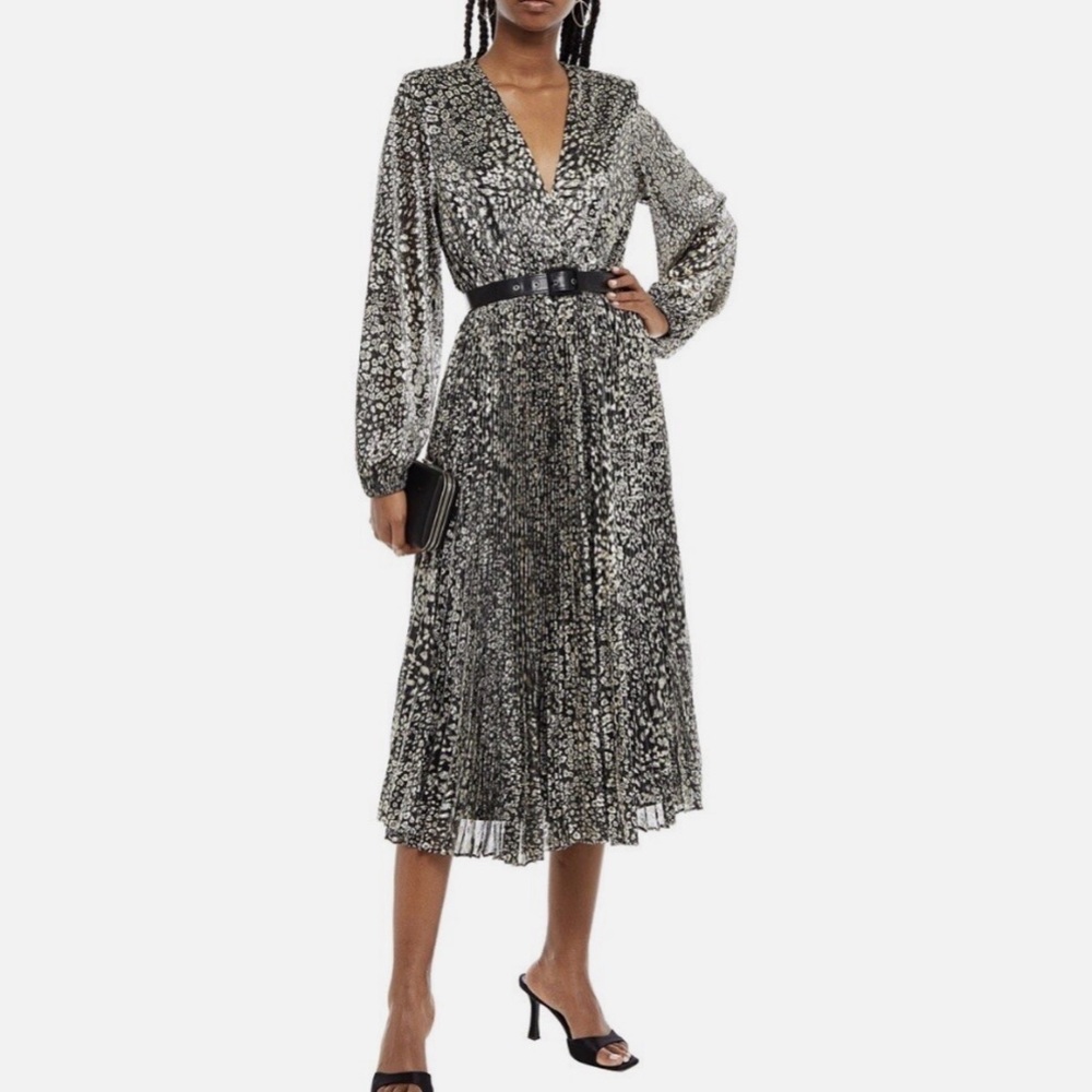 Rebecca Vallance Vienna Wrap-Effect Belted Floral Print Lurex Midi Dress